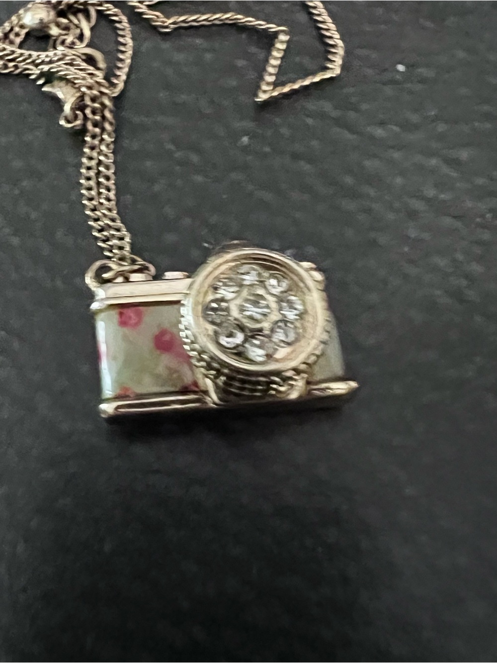 Camera Pendant Necklace with Rhinestones and Red Floral Accent - Picture 2 of 9
